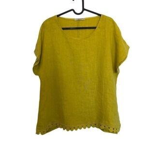 Francesca Bettini Linen Top Lagenlook Medium Mustard Eyelet Border Made in Italy